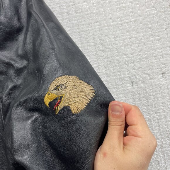 VTG Albert Montreal Leather Black Biker Jacket Coat Eagles American Flag USA REA - Picture 6 of 16